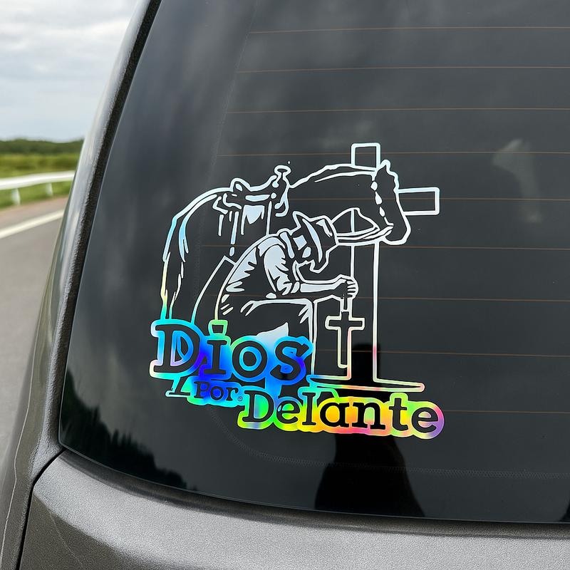 2Pcs Cowboy Dios por Delante Religious Holographic Car Decal - High Definition Waterproof Christian Cross Sticker for Laptops Hardhats Bumpers Helmets Cars & Gear, Texan Cowboy Car Sticker