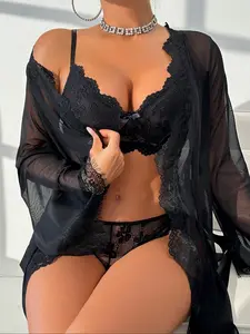 Women's Floral Lace Sheer Sexy Lingerie Three-piece Set, Chic Elegant Bra & Panty & Robe Set, Women's Lingerie & Underwear for All Seasons