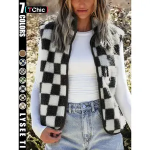 Ins style checkerboard plush vest women's autumn and winter outerwear short style shoulder retro square grid loose vest jacket top