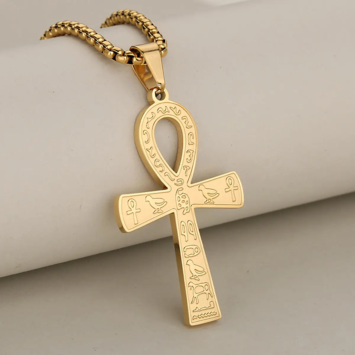 Unisex Ancient Egyptian Ankh Cross Pendant Necklace, Stainless Steel Hieroglyph Engraved Box Chain, 3 Tone Gold Silver Black Life Symbol Jewelry for Men Women Street Layering