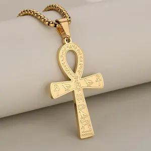 Unisex Ancient Egyptian Ankh Cross Pendant Necklace, Stainless Steel Hieroglyph Engraved Box Chain, 3 Tone Gold Silver Black Life Symbol Jewelry for Men Women Street Layering