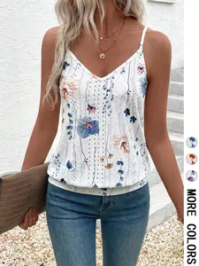 Women's Lace Hollow Out V Neck Sleeveless Print Vest Top, Casual Summer Fashion, Elegant & Stylish Design, Perfect for Daily Wear