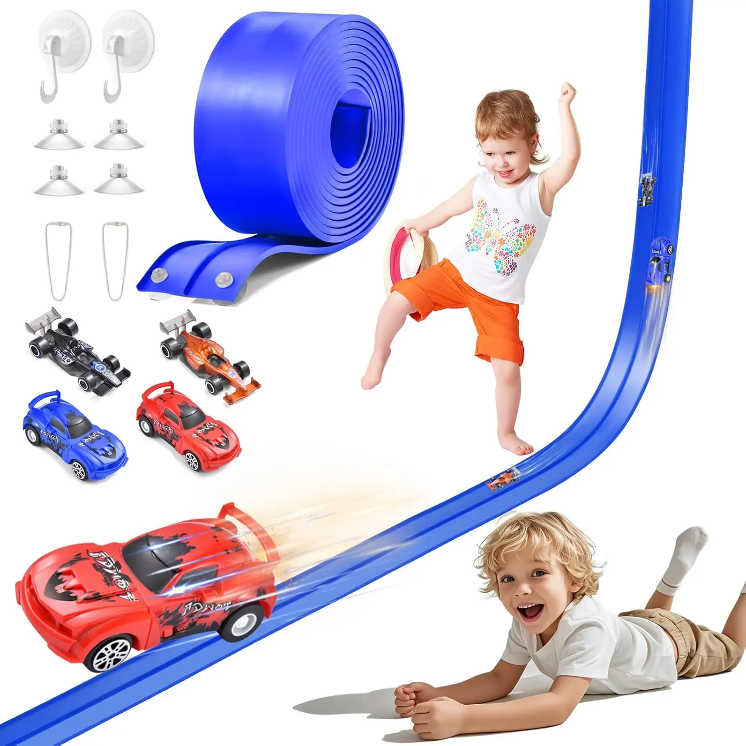 [Toys For Kids] New 20 Ft Flex Tracks for Kids,Flexible Race Car Ramp Track with 4 Small Racecars Suction Cups and Hooks,Compatible with Hot Wheels Diecast 1/50th Cars,Portable Racetrack for Ages 3-8,Birthday Christmas Gifts for boys and girls