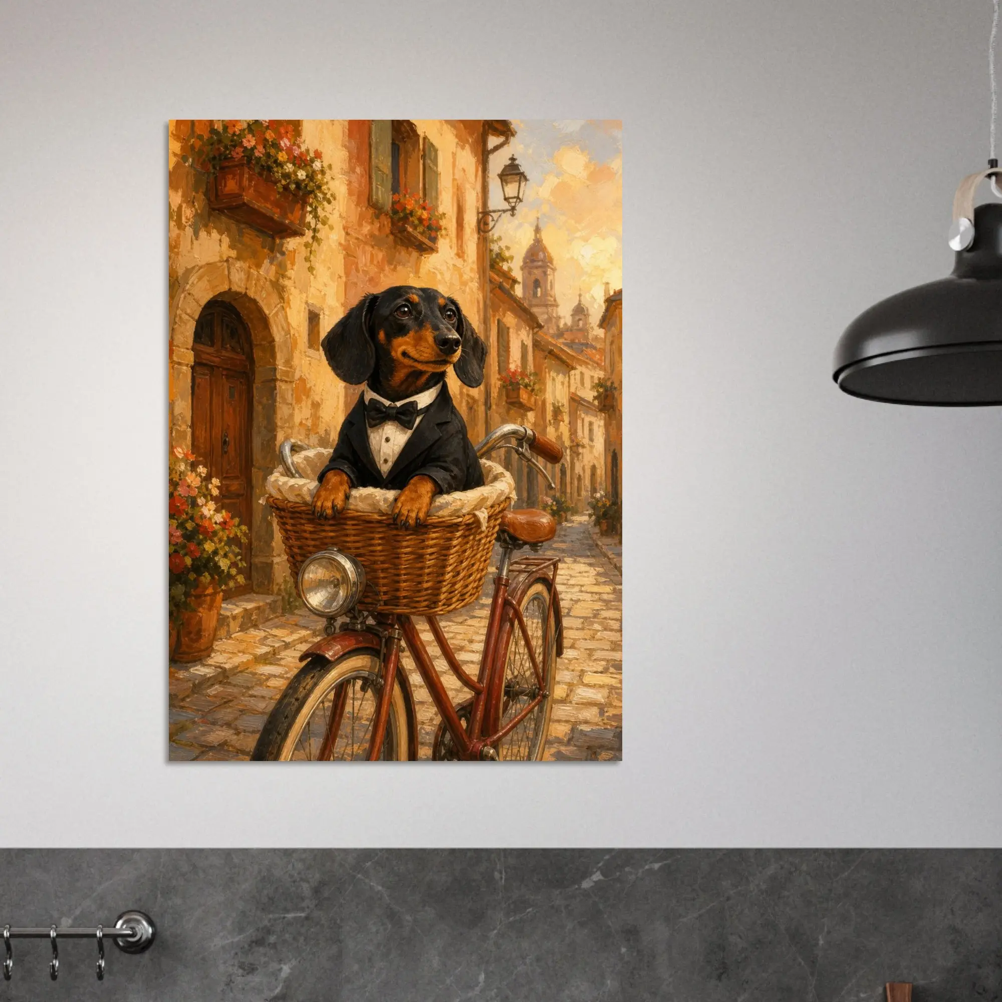 Dachshund Tuscany Bike Poster, Wiener Dog Cycling Art, Italy Travel Wall Decor, Cute Dog Lover Gift, Whimsical Pet Illustration, Matte Print
