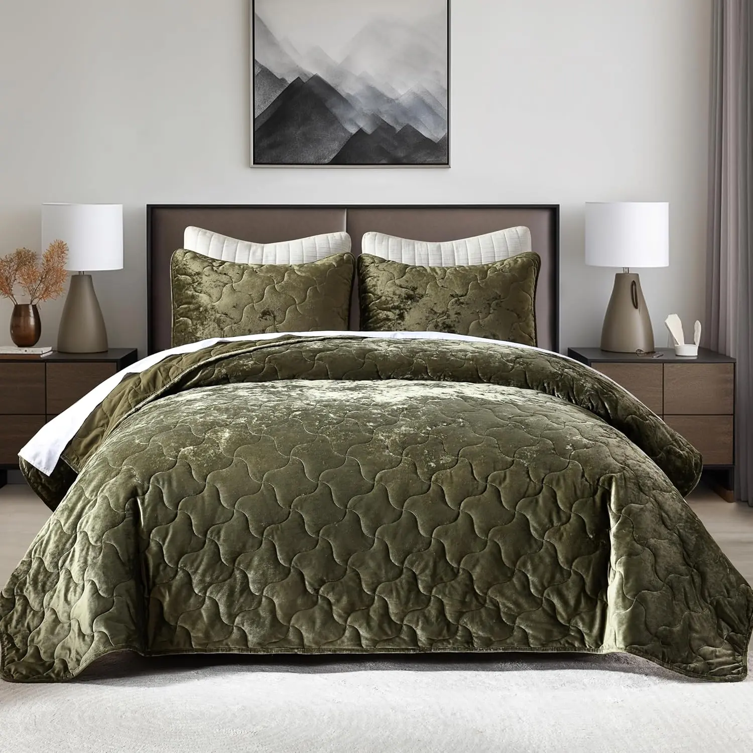 Luxury  Quilt Set  Size Bedding, Olive Green Comforter Set, Ultra-Soft  Stitch  Season, Lightweight Bedspread Coverlet with 2 Pillow Shams
