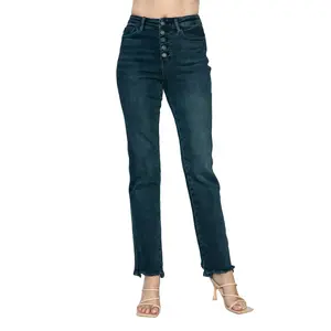 Women's Full Size Straight Jeans - Button Fly, Distressed Hem, Cotton-Spandex Blend, With Pocket (Compatible with Tee, Sweater Pairing)
