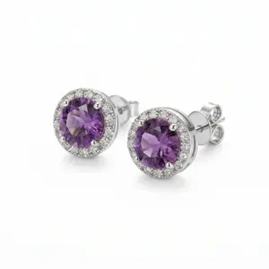 1CT TW Purple Cubic Zirconia Stud Earrings for Women + Round Cut + Simulated Diamond Halo + 8mm Hypoallergenic Jewelry (Nickel Free)