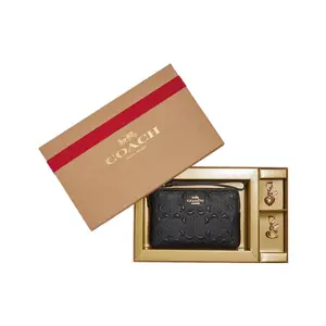 Coach Corner Zip 16 Logo Zip-Top Box Clutch Wallet Wristlet Handbag for Women in Black Calfskin