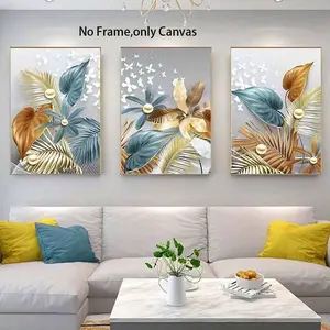 Modern Canvas Painting without Frame, 3 Counts/set Butterfly & Leaf Pattern Wall Art Painting, Wall Decor for Home Living Room Bedroom, Ornaments