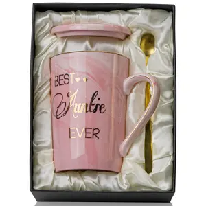 Biching Auntie Gifts 14OZ Pink Ceramic Coffee Mug with Gold Printing Dishwasher Safe Microwave Safe Best Auntie Birthday Gift from Niece Nephew