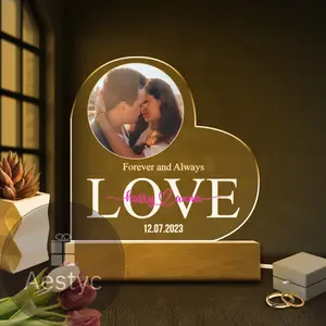 Personalized Love Heart Photo Night Light Plaque Custom Clear Heart-Shaped Picture Frame Valentine's Day Gift for Couple Girlfriend Boyfriend Wedding Anniversary Gifts for Besties Friends Acrylic Decor Block Acrylic Decorative Plaque