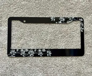 Black and White Floral License Plate Frame, Minimalist Flower Car Tag Holder, Monochrome Botanical Auto Accessories, Elegant Car Decor Gift