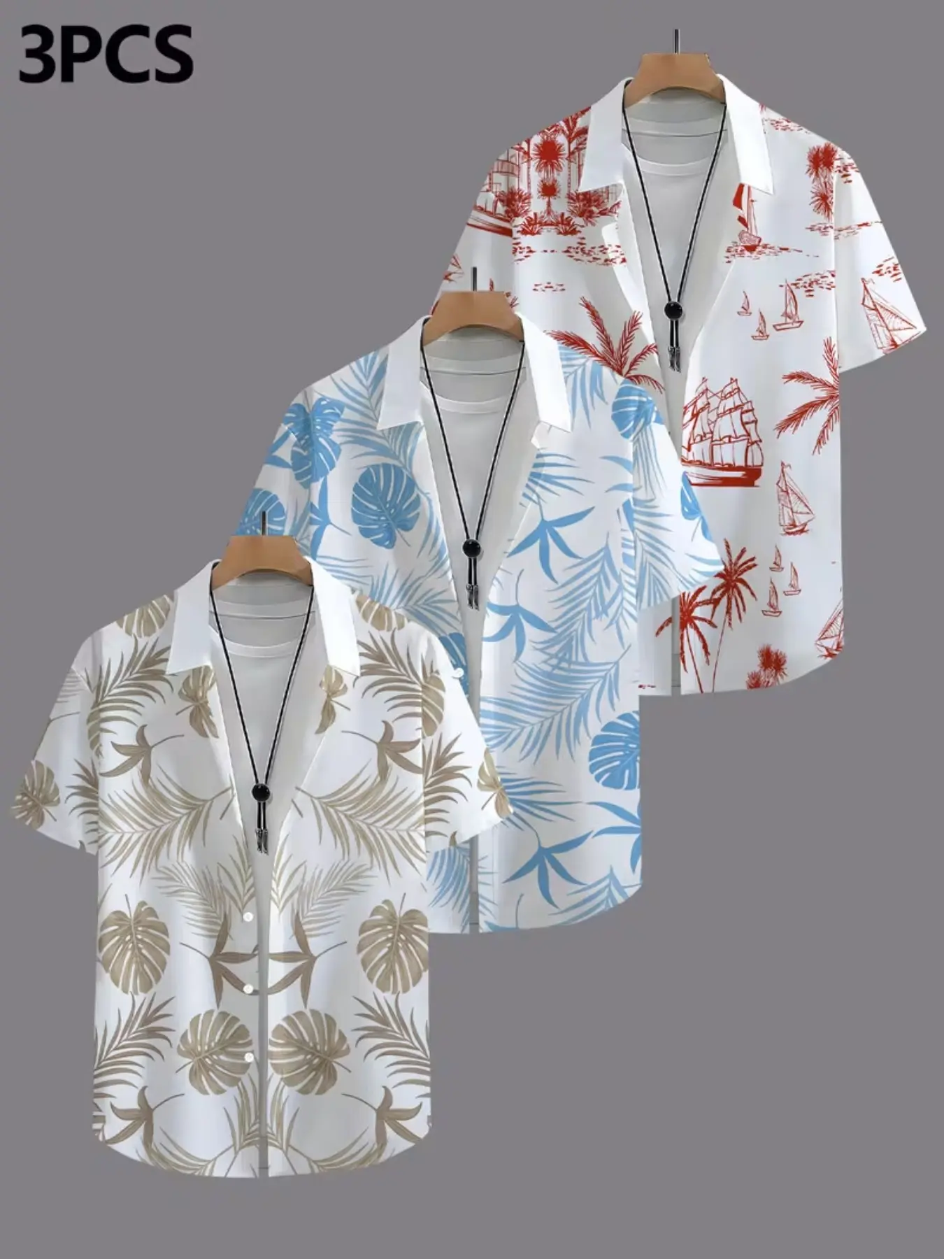 3-Pack Plus Size Men's Short Sleeve Casual Summer Shirts Daily Wear Shirts, Beach Style Tropical Graffiti 3D Print Hawaiian Blouses, Comfortable Fitted Fit
