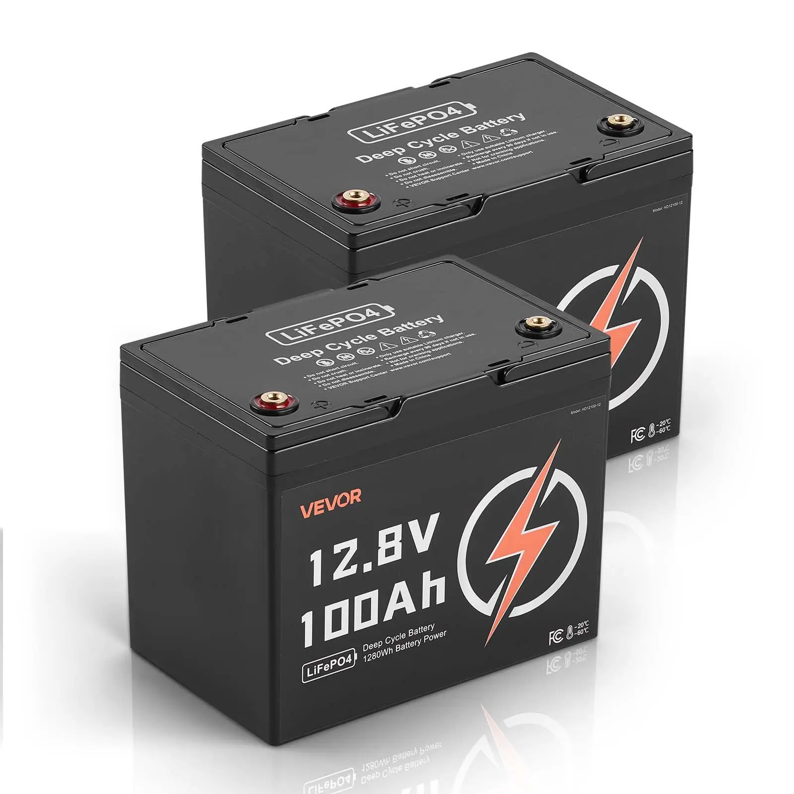 VEVOR 2 Pcs 12V 100Ah LiFePO4 Deep Cycle Batteries, Built-in BMS, 50A, 4000-15000 Cycles, Low Temp Protection, 10 Years Lifetime, for Solar Home Storage, Boats, RVs, Solar Powered