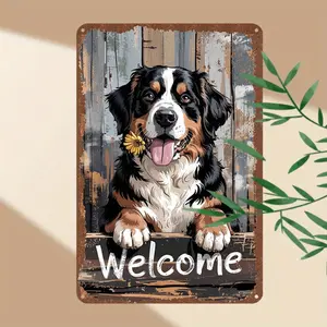 Vintage Metal Tin Sign Featuring Bernese Mountain Dog Welcome Wall Art Perfect Rustic Decor for Home Bar Cafe and Garage Ideal Holiday Gift Dog Themed Decor