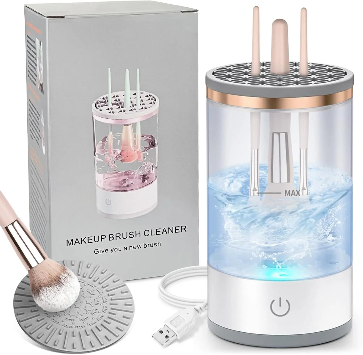 【Summervibes】 Electric Makeup Brush Cleaner withUniversal Silicone Cap, USB Charging CosmeticCleansing Makeup Brush Cleaning Tool, MakeupBrushes Cleaner, Makeup Brush Washer,Professional Makeup Tools for Women