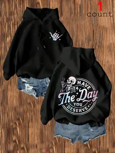 Women's Halloween Skull Print Knitted Hoodie, Fall Winter Warm Thick Kangaroo Pocket Casual Loose Fit Sweatshirt, Korean Style Ladies Clothing