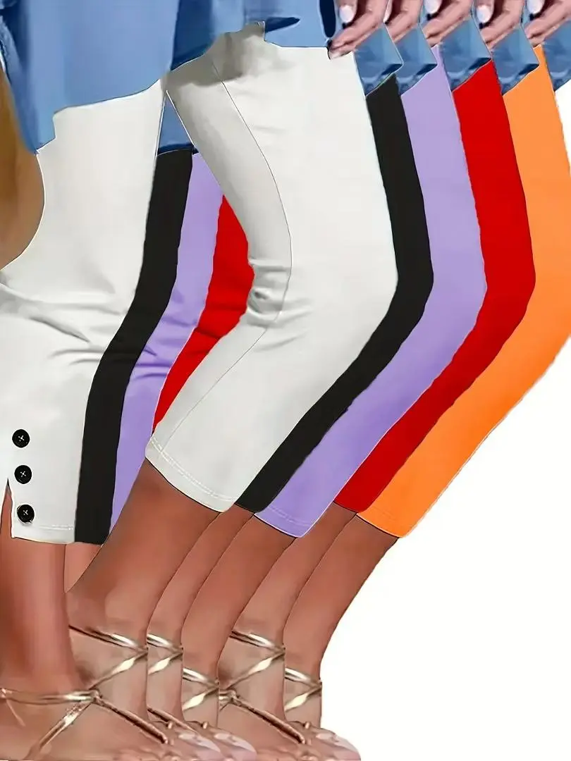 2 pairs of women's slim-fit shorts - buttoned design, medium-thick elastic fabric, perfect for beach and casual wear, a must-have item for beach outfits|     Button-decorated tight pants|     Stretch fabric leggings, capri pants