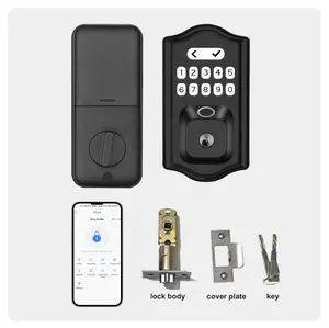 Smart fingerprint door lock; unlocking methods: fingerprint, password, key, and Tuya Smart APP; can store 100 fingerprints and passwords; powered by AA batteries; Type-Emergency Power Interface; suitable for wooden doors, rooms, homes, and offices.