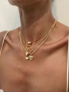 5-Piece Spring Summer Sweet Cool Heart Layered Necklaces, Unique Style Collarbone Chain Set, Casual Plain Design, Dainty Necklace