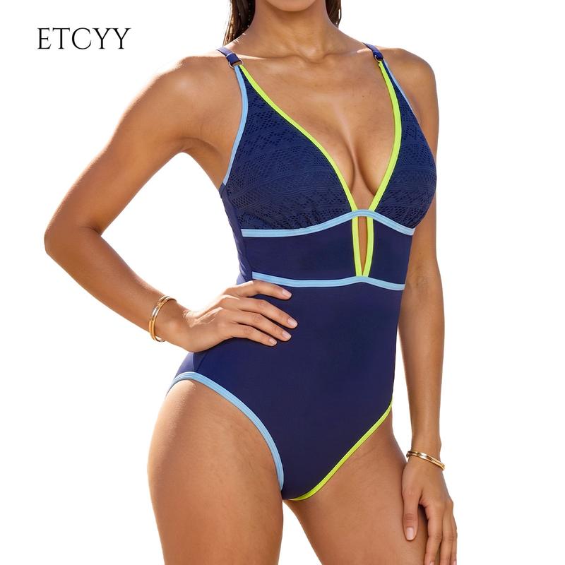 ETCYY Women's Chic Swimsuit - Nylon-Spandex Synthetics, Smooth Stretchable, Contrast-Trim, Deep V-Neck Colorblock Geometric Patchwork, 2-Layer Shell Tummy Control Slimming Athletic Backless Monokini for Pool, Surf