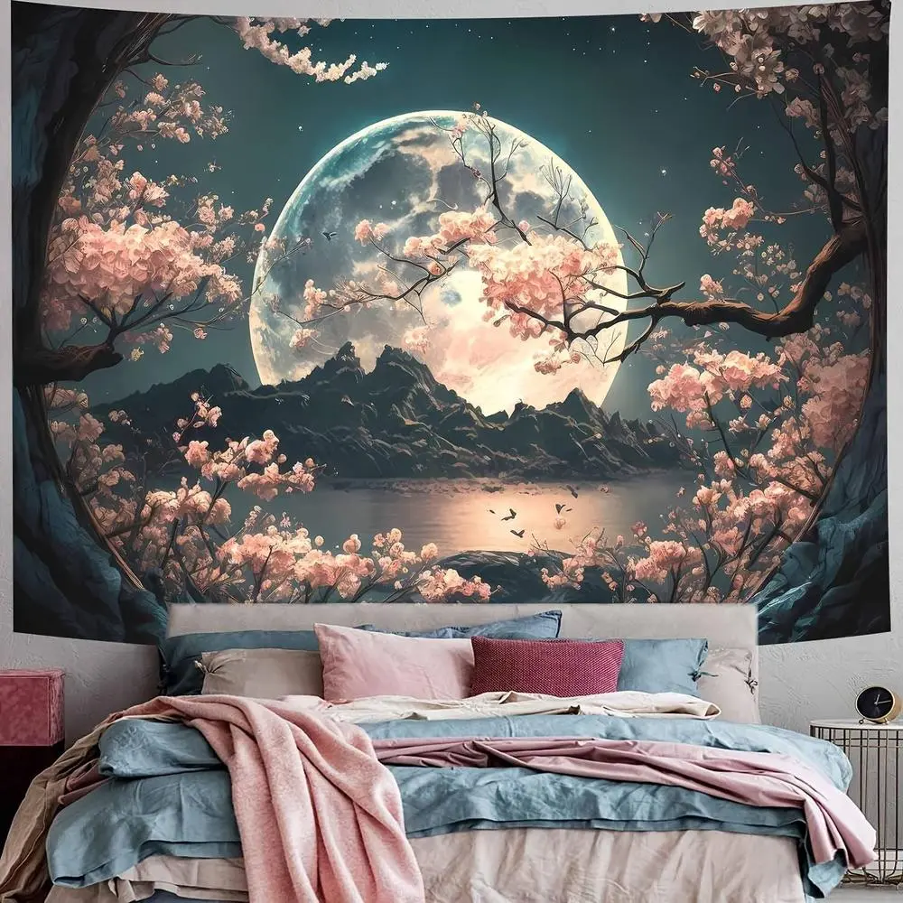 1PC Polyester 2D Flat Fantasy Moonlit Night Cherry-Blossom Landscape Tapestry - Nordic-Inspired Bedroom Decor Headboard Cloth, Living Room Background Wall Hanging for Dorm Renovation Art Backdrop,summerwins