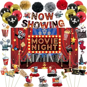 Movie Night Decorations Kit - Backdrop Now Showing Banner Photo Booth Props Hanging Swirls Honeycomb Paper Pom Poms Balloons for Birthday Party Supplies