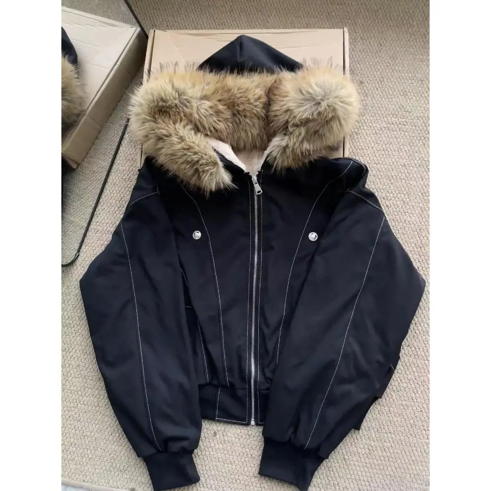 Autumn Winter American Retro White Fur Collar Hooded Jacket Women Y2k Harajuku Vintage Slim Coat Elegant Street Fashion Outwear