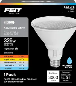 PAR38 LED Reflector Light Bulb, 325W Equivalent, 5 Color Temperatures (Soft to Daylight), Dimmable, 3000 Lumens, Outdoor/Indoor Bulb for Security & Accent Lighting, PAR38325DM5CCT
