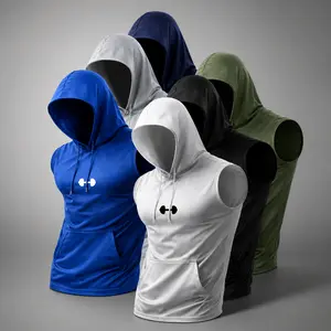 Multi color slim fit sleeveless hooded fitness tank top | High stretch lightweight breathable fabric + body hugging cut | Streetwear styling, outdoor morning runs, layered casual wear at home