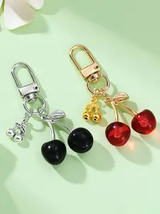 1pc Y2K Cherry Keychain - Zinc Alloy Mini Cherry Charm Keyring with Black & Red Glossy Accents, Decorative Bag Charm for Women, Purse Accessories