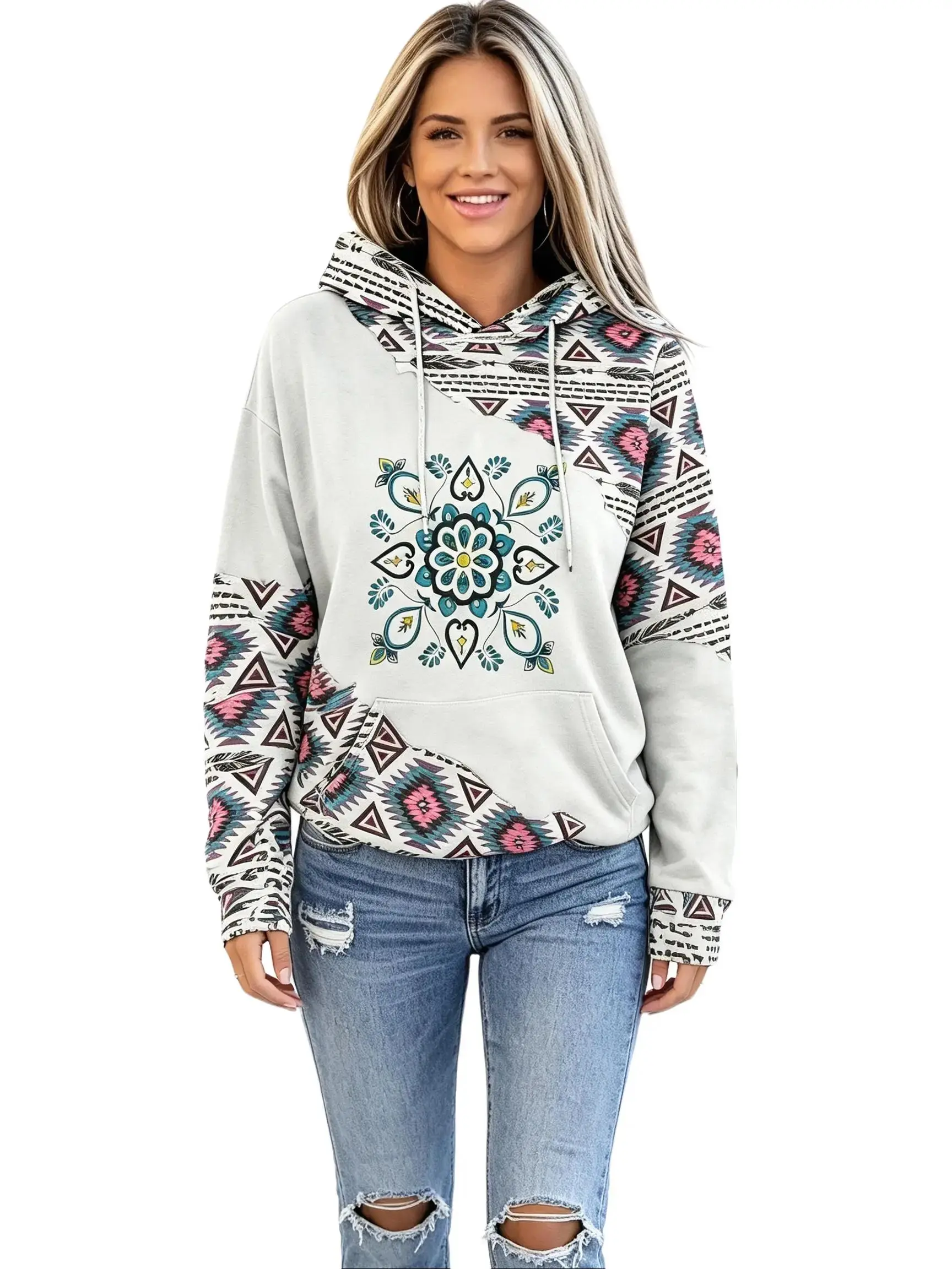 Women's Aztec Geometric Print Hoodie - Bohemian Mandala Floral Patchwork Long Sleeve Hooded Sweatshirt with Drawstring & Kangaroo Pocket, Casual Loose Fit Ethnic Tribal Style Pullover Top for Daily Wear