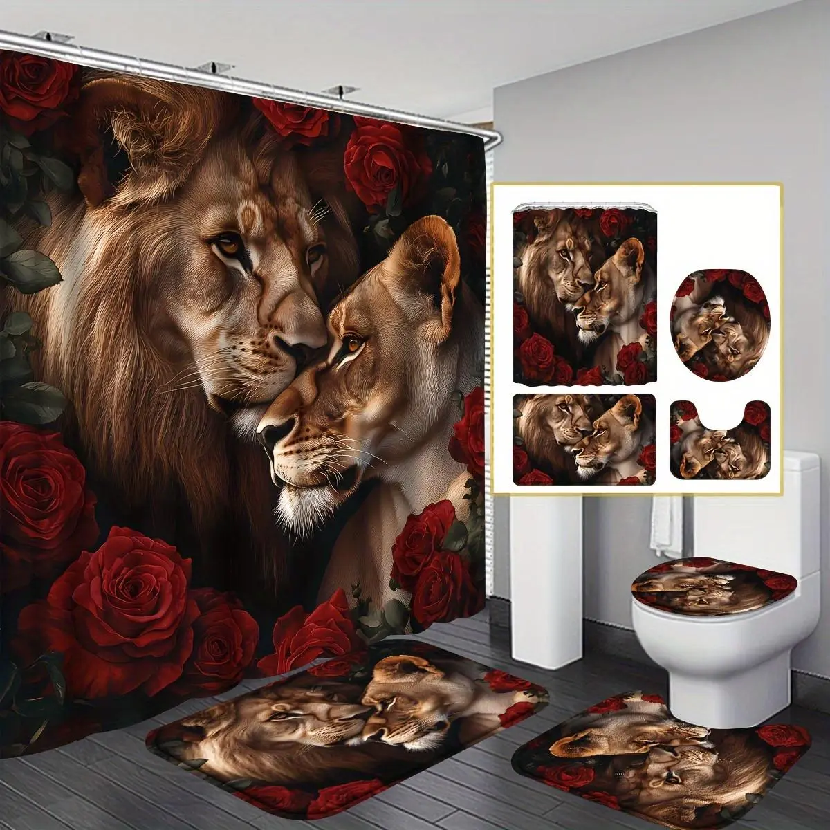 Lion & Rose Pattern Bathroom Decor Set, 4 Counts/set Shower Curtain & U-shape Pad & Bath Mat & Toilet Lid Cover, Bathroom & Restroom Accessories, Bathroom Decor And Accessories for Home Decor, Bathroom Decoration Accessories
