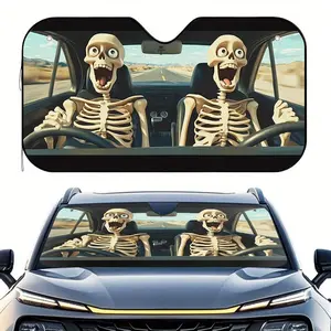 1pc Halloween Horror Journey Car Sunshade with Skeleton Driver & Passenger Print - Fit for SUVs, Sedans, Vans, Trucks - 4 Suction Cups, Foldable Design for Easy Storage & Installation, Vehicle Interior Accessory, Spooky Car Decor