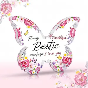 Butterfly Shaped Acrylic Plaque, Flower & Letter Pattern Ornament, Vibrant Floral Pattern, Desktop Decoration for Home Office, Gift for Friend, Signs