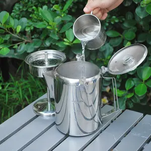 [9-Cup Stainless Steel Kettle] 9-Cup Stainless Steel Camping Coffee Kettle | Manual Pour Over Brewing, Classic Design, Portable, Durable Metal Construction | Reusable Filter for Outdoor Adventures, Picnics, and Hiking