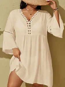 Plus Size Lace Patchwork Cover Up Dress - Flare Sleeve Beachwear for Summer Vacation