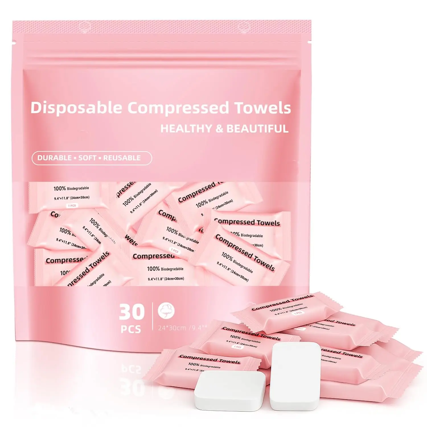 30-Pack Thick Rayon Mini Quick-Dry Portable Compressed Face Towels - Reusable Washcloths for Adults, Unisex, Outdoors, Travel Ready, Makeup Removal, Office Cutting Supplies with Usage Tips (Disposable Option Available)