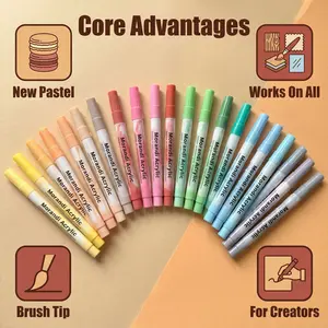 24 pcs New Morandi Pastel Acrylic Marker Pens Soft Brush Tip, Gradient Design, Calligraphy Markers for Lettering, Card Making, Wood, Fabric, Canvas, Ceramic, Glass, DIY Art Crafting, Office&School Supplies, Professional Art Use