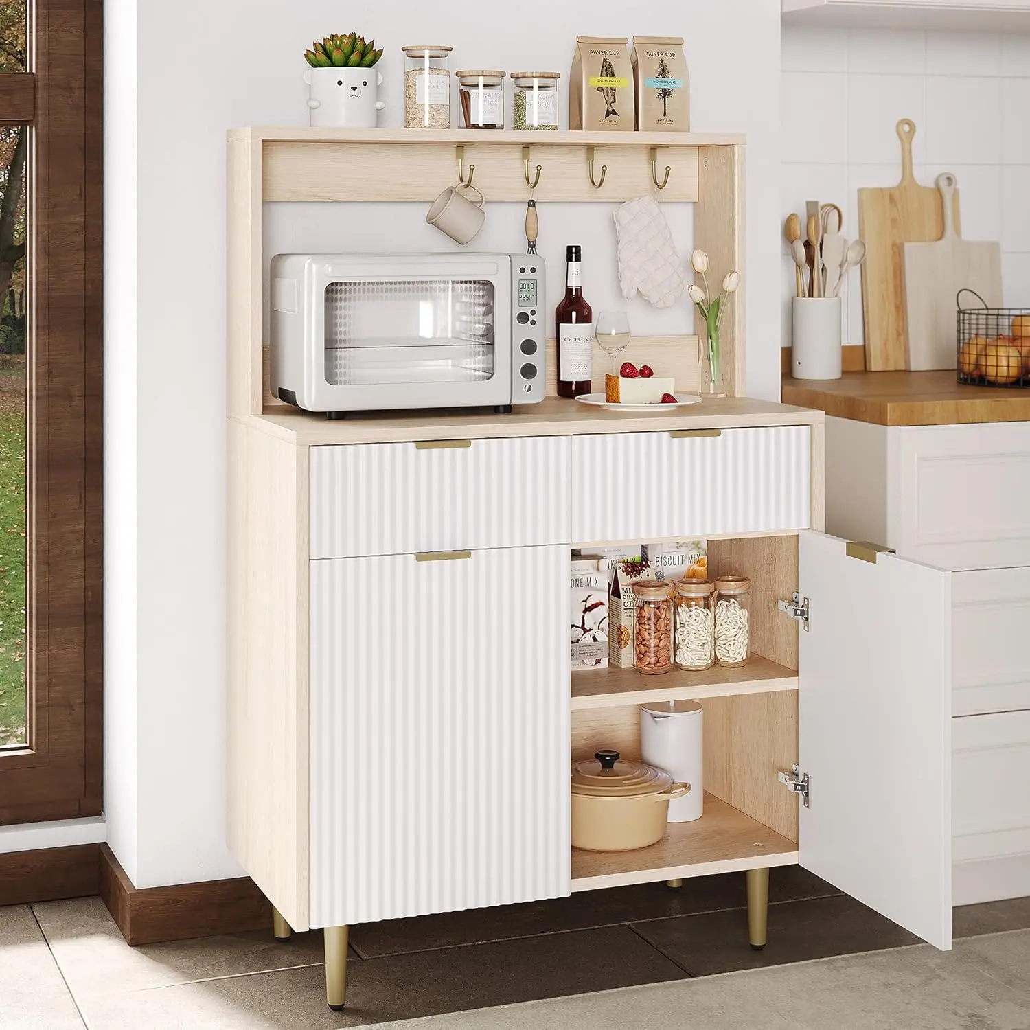 Wood Farmhouse Buffet Cabinet - Durable Modern Kitchen Organizing Cupboard with 2 Doors, 2 Drawers, Adjustable Shelves, Soft-Close Hinges, Cabinet and Storage for Dining Room, Living Room, Assembly Required, Easy Assembly