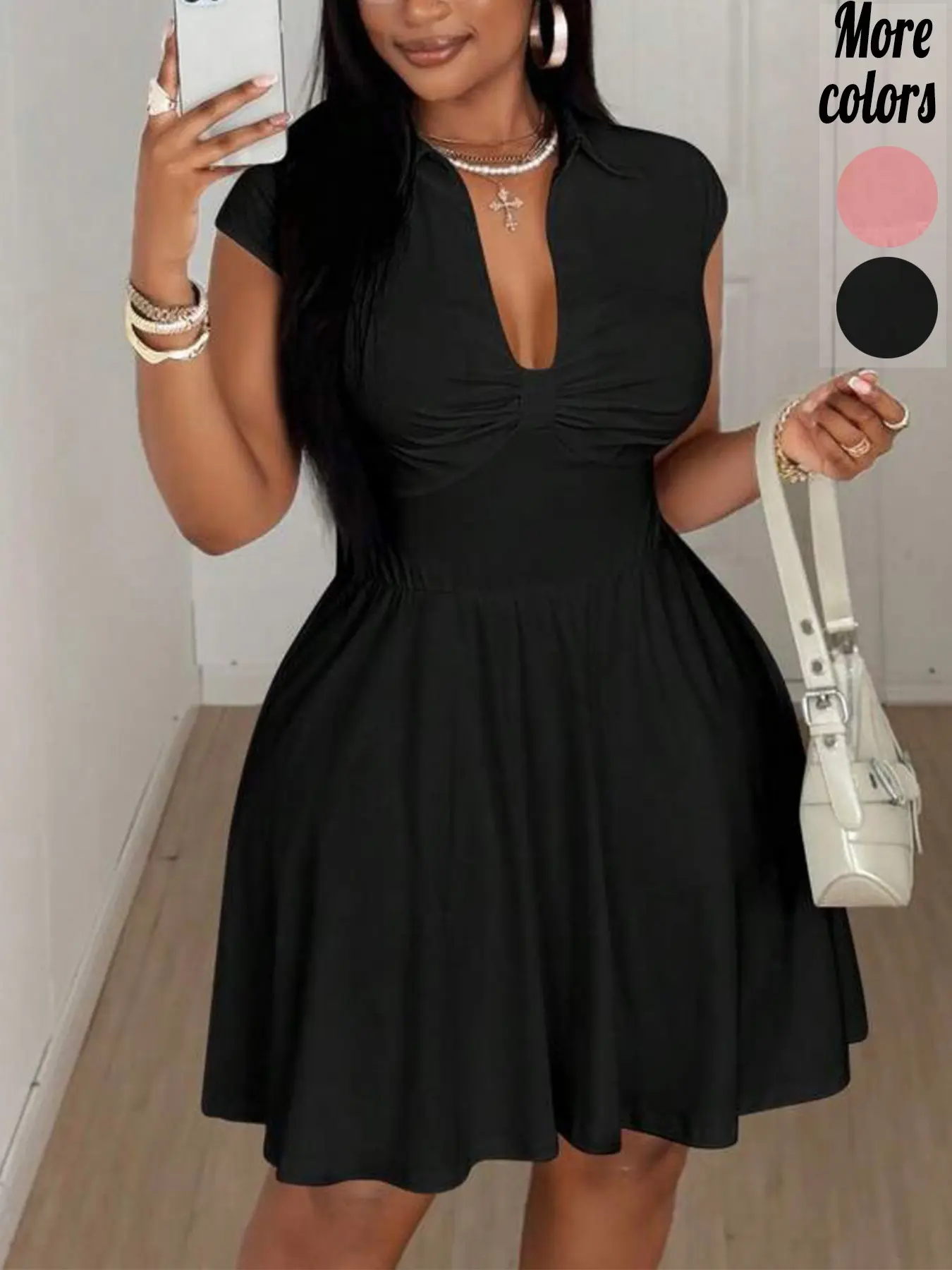 【Plus-Size】Polo Collar Cap Sleeve Flared Mini Dress, Casual Stretchy Ruched V-Neck Chic Dress for Curvy Women, Casual Wear, Perfect for Brunch, Date Night & Daily Outings