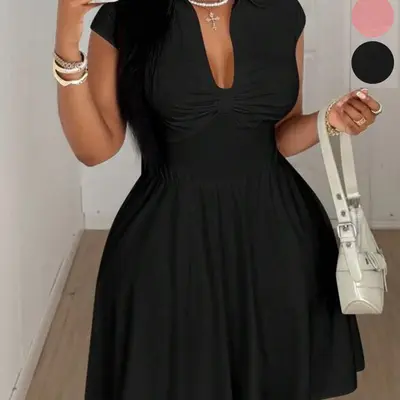 black plus size graduation dresses Pinup Fashion Women for Wedding Guest Summer Wrap V Neck Casual Knee Length Ruffle A Line Dress : Clothing, Shoes & Jewelry line and corset dresses Graduation Plus Size Sheath Dresses