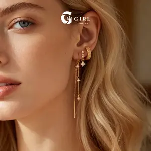 GGIRL 3Pairs/Set 18K Gold Plated Layered Earring Set Zirconia Huggie Drop Dangle Tassel Ear Chain Stackable Comfortable Wear Versatile Fashion Jewelry Gift for Holiday Birthdays Anniversaries
