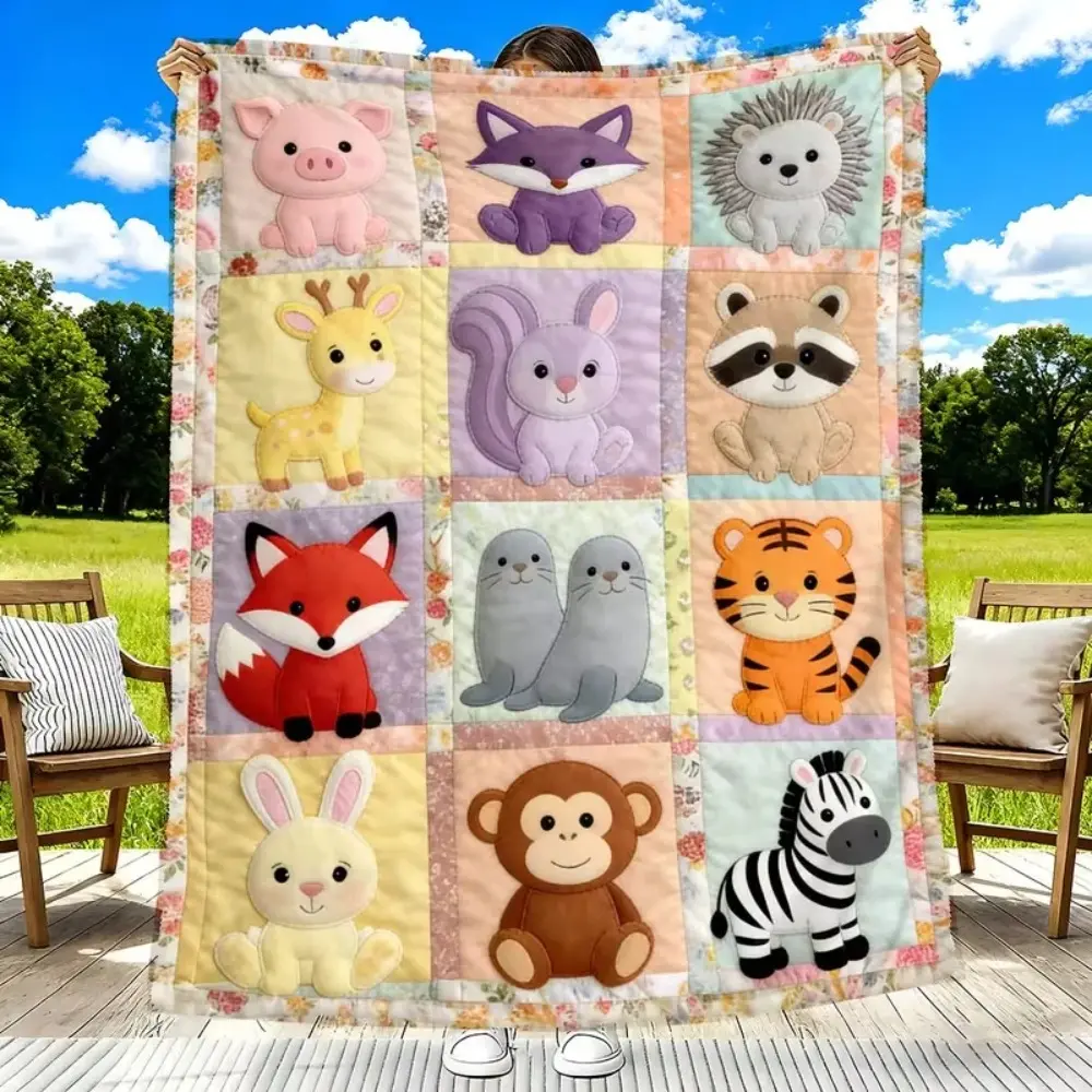 Patchwork Felt Woodland Animal Throw Blanket - Cute Forest Creatures Quilt-Style Flannel Fleece Blanket for Kids Nursery, Sofa Bed, Animal Lover Gifts
