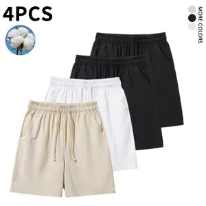 4-Pack Pure Cotton Linen-Feel Shorts, Knee-Length with Tie, Comfortable & Breathable Loose Fit for Travel, Versatile Casual Pants