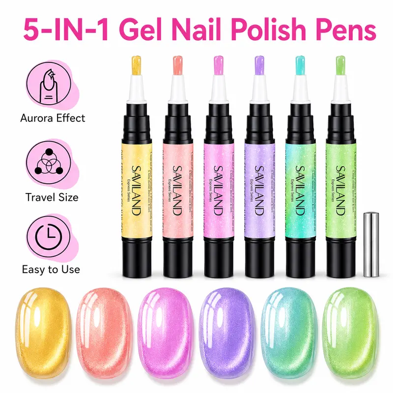 SAVILAND 5-in-1 Gel Nail Polish Pen – Base, Color & Top Coat All-in-One with Aurora Effect, Easy UV/LED Curing, Mess-Free Travel-Friendly Design for DIY Nail Art
