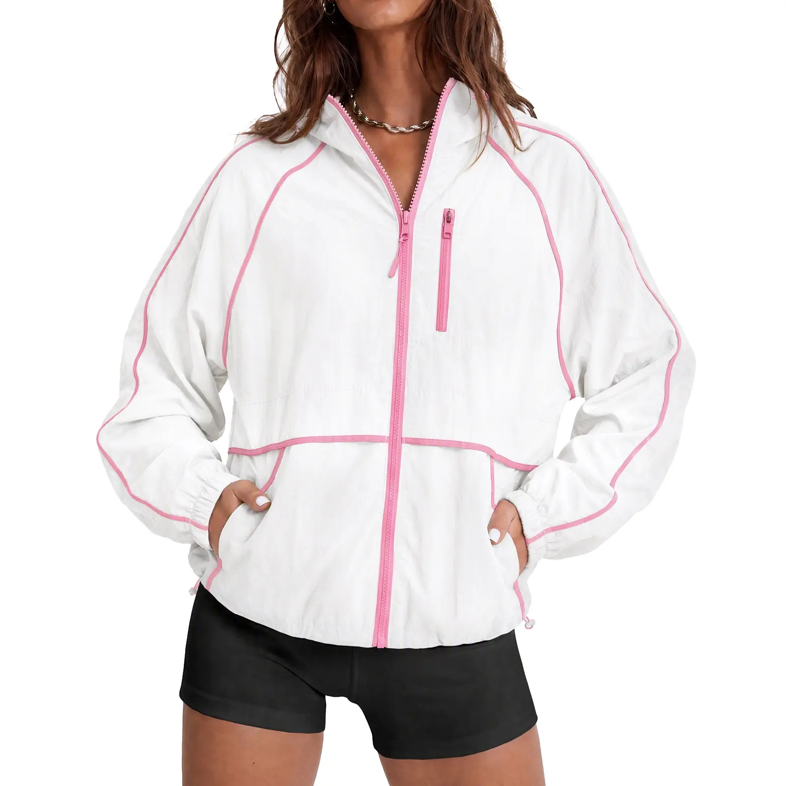 Fisoew Women's White Piping Color Block Windbreaker Jacket, Full Zip Hooded Oversized Long Sleeve Drawstring Hem Lightweight Athletic Track Jacket With Pockets