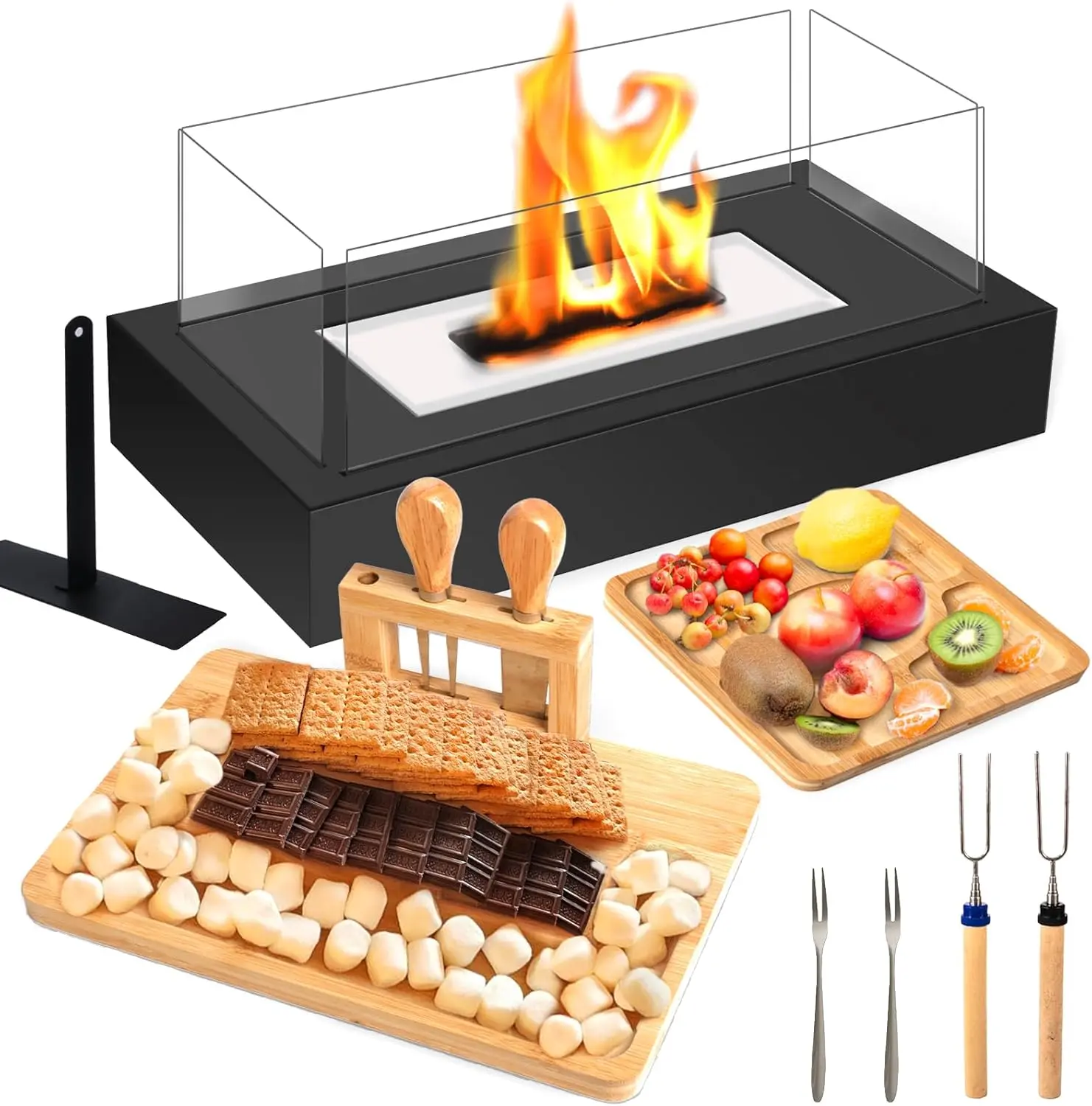 Portable Tabletop Fire Pit with 2 Charcuterie Boards - Smores Maker Kit 4-Sided Glass Indoor & Outdoor Tabletop Ventless Fireplace, Engagement Gifts for Couples, Gifts Ideals for Wedding, Housewarming, White Elephant summerwins