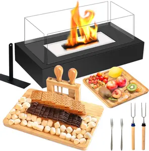 Portable Tabletop Fire Pit with 2 Charcuterie Boards - Smores Maker Kit 4-Sided Glass Indoor & Outdoor Tabletop Ventless Fireplace, Engagement Gifts for Couples, Gifts Ideals for Wedding, Housewarming, White Elephant