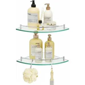 Glass Corner Shelf with Hooks 18/8 Stainless Steel, Tempered Glass Bathroom Corner Shelf with Rail, Shower Glass Shelf 2 Pack Wall Mounted, Polished Finish, BGS2101A-P2